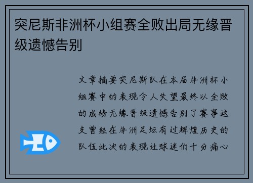 突尼斯非洲杯小组赛全败出局无缘晋级遗憾告别